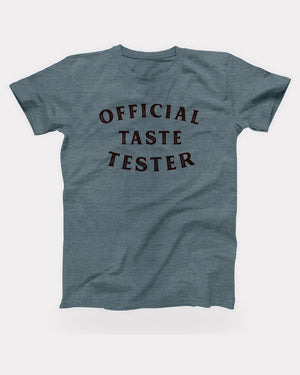 Official Taste Tester T-Shirt in Heather Slate, flat lay on grey