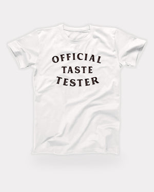 Official Taste Tester T-Shirt in White, flat lay on grey