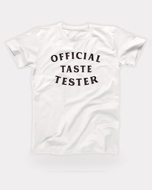 Official Taste Tester T-Shirt in White, flat lay on grey
