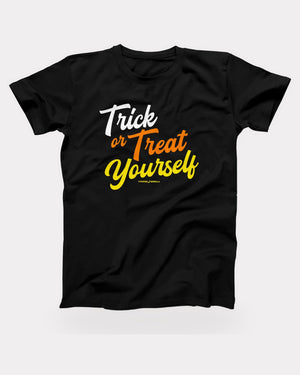 Trick or Treat Yourself T-Shirt in Black, flat lay on grey