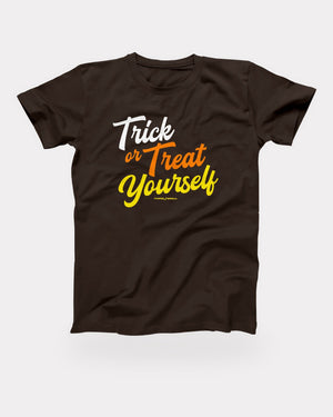 Trick or Treat Yourself T-Shirt in Brown, flat lay on grey