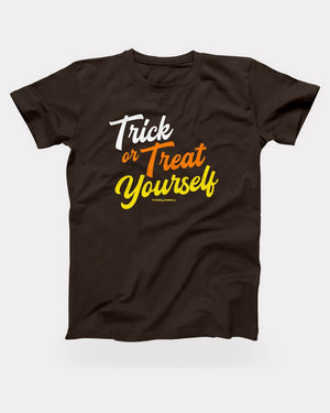 Trick or Treat Yourself T-Shirt in Brown, flat lay on grey