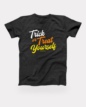 Trick or Treat Yourself T-Shirt in Dark Grey Heather, flat lay on grey