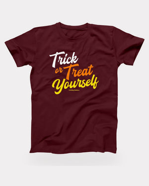 Trick or Treat Yourself T-Shirt in Maroon, flat lay on grey