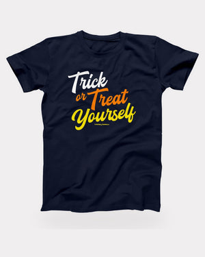 Trick or Treat Yourself T-Shirt in Navy, flat lay on grey