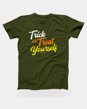 Trick or Treat Yourself T-Shirt in Olive, flat lay on grey