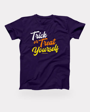 Trick or Treat Yourself T-Shirt in Team Purple, flat lay on grey