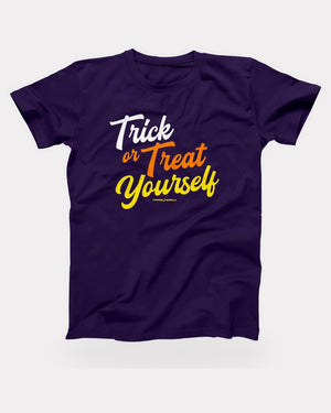 Trick or Treat Yourself T-Shirt in Team Purple, flat lay on grey