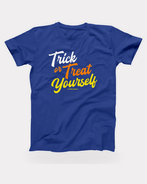 Trick or Treat Yourself T-Shirt in True Royal, flat lay on grey