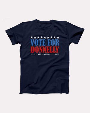Vote for Donnelly T-Shirt, flat lay on grey