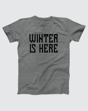 Winter is Here T-Shirt, flat lay on grey