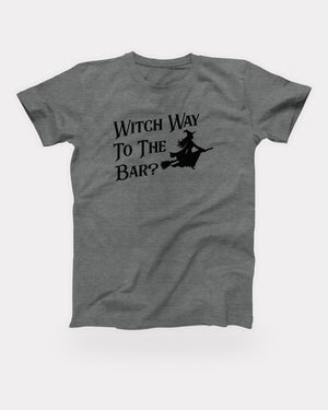 Witch Way To The Bar T-Shirt in Deep Heather, flat lay on grey