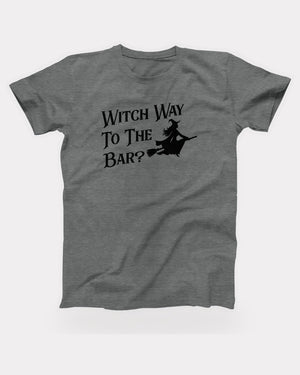 Witch Way To The Bar T-Shirt in Deep Heather, flat lay on grey