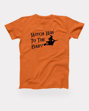 Witch Way To The Bar T-Shirt in Orange, flat lay on grey