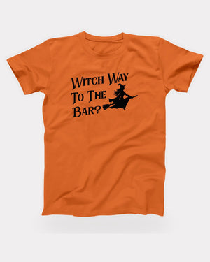Witch Way To The Bar T-Shirt in Orange, flat lay on grey