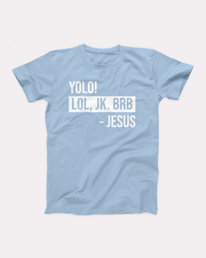 YOLO Jesus T-Shirt, flat lay, Baby Blue