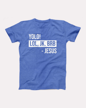 YOLO Jesus T-Shirt, flat lay, Heather Columbia Blue