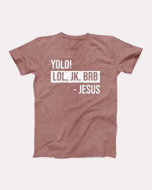 YOLO Jesus T-Shirt, flat lay, Heather Mauve