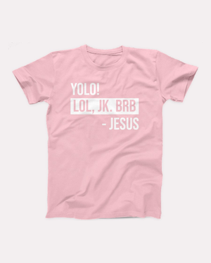 YOLO Jesus T-Shirt, flat lay, Pink
