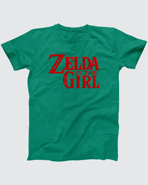 Zelda Is The Girl t-shirt in Heather Kelly, flat lay on grey
