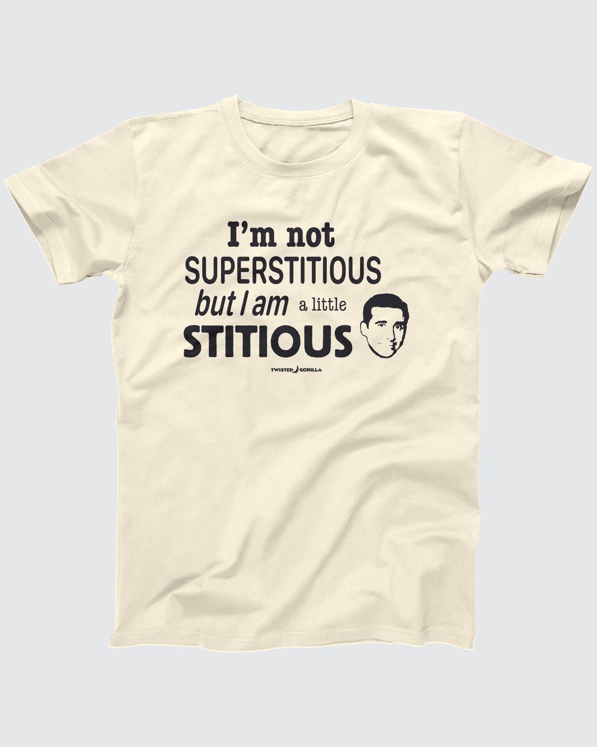 A Little Stitious T-Shirt, flat lay on grey