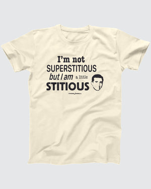 A Little Stitious T-Shirt, flat lay on grey