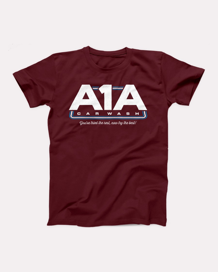 A1A Car Wash T-Shirt, flat lay, Maroon