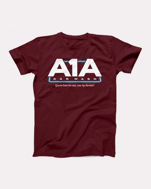 A1A Car Wash T-Shirt, flat lay, Maroon