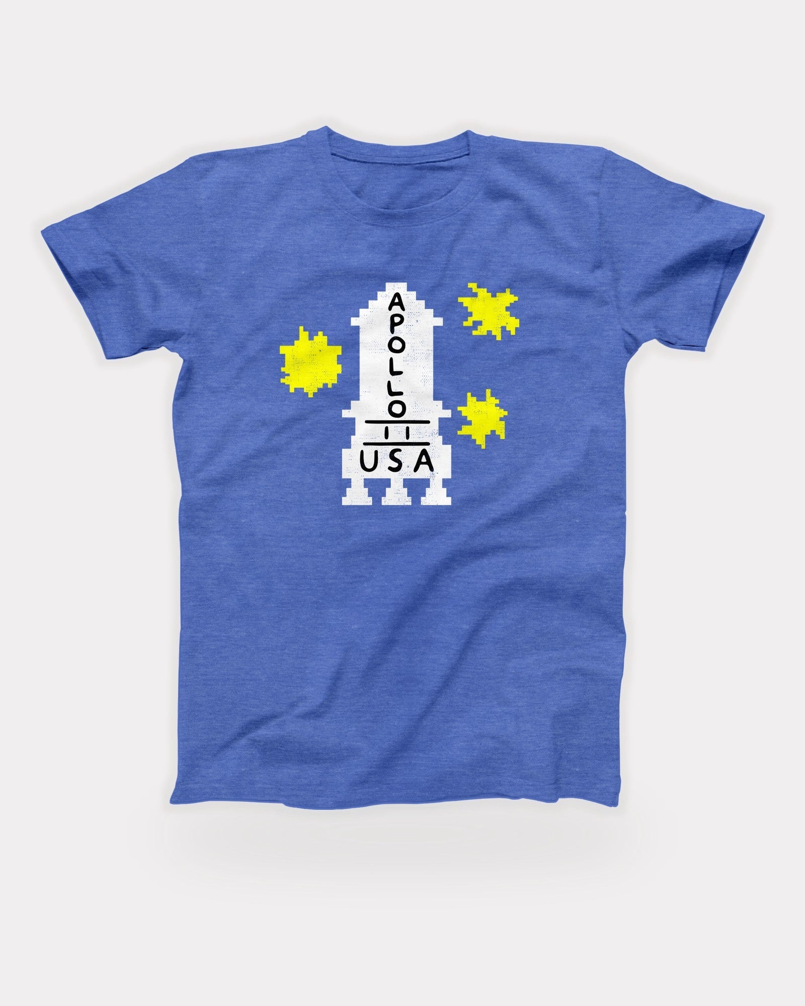 Apollo 11 Sweater T-Shirt in Heather Columbia Blue, flat lay on grey