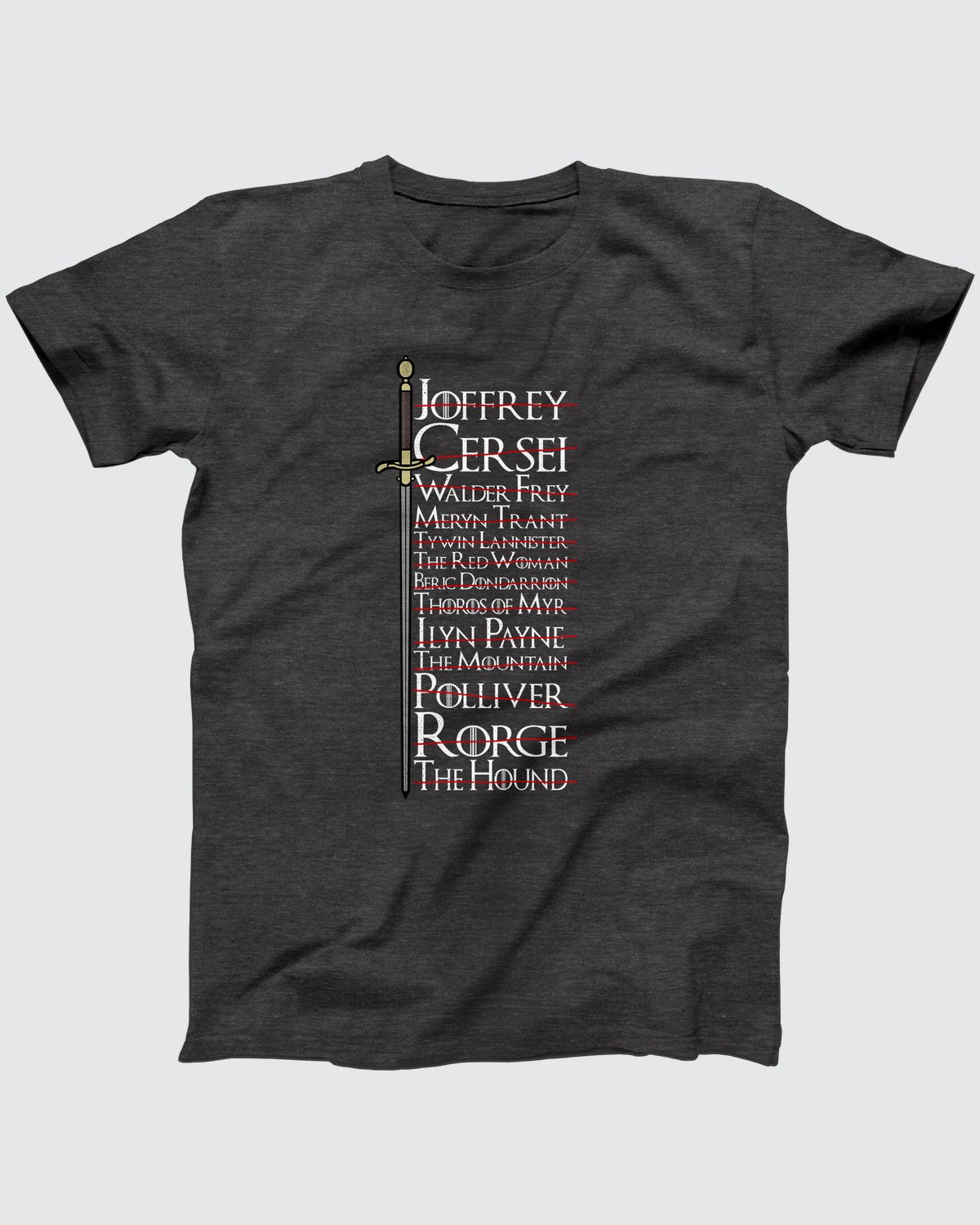 Arya's Kill List T-Shirt, flat lay on grey