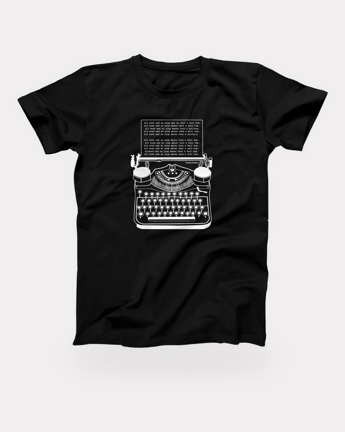 All Work and No Play T-Shirt in Black, flat lay on grey