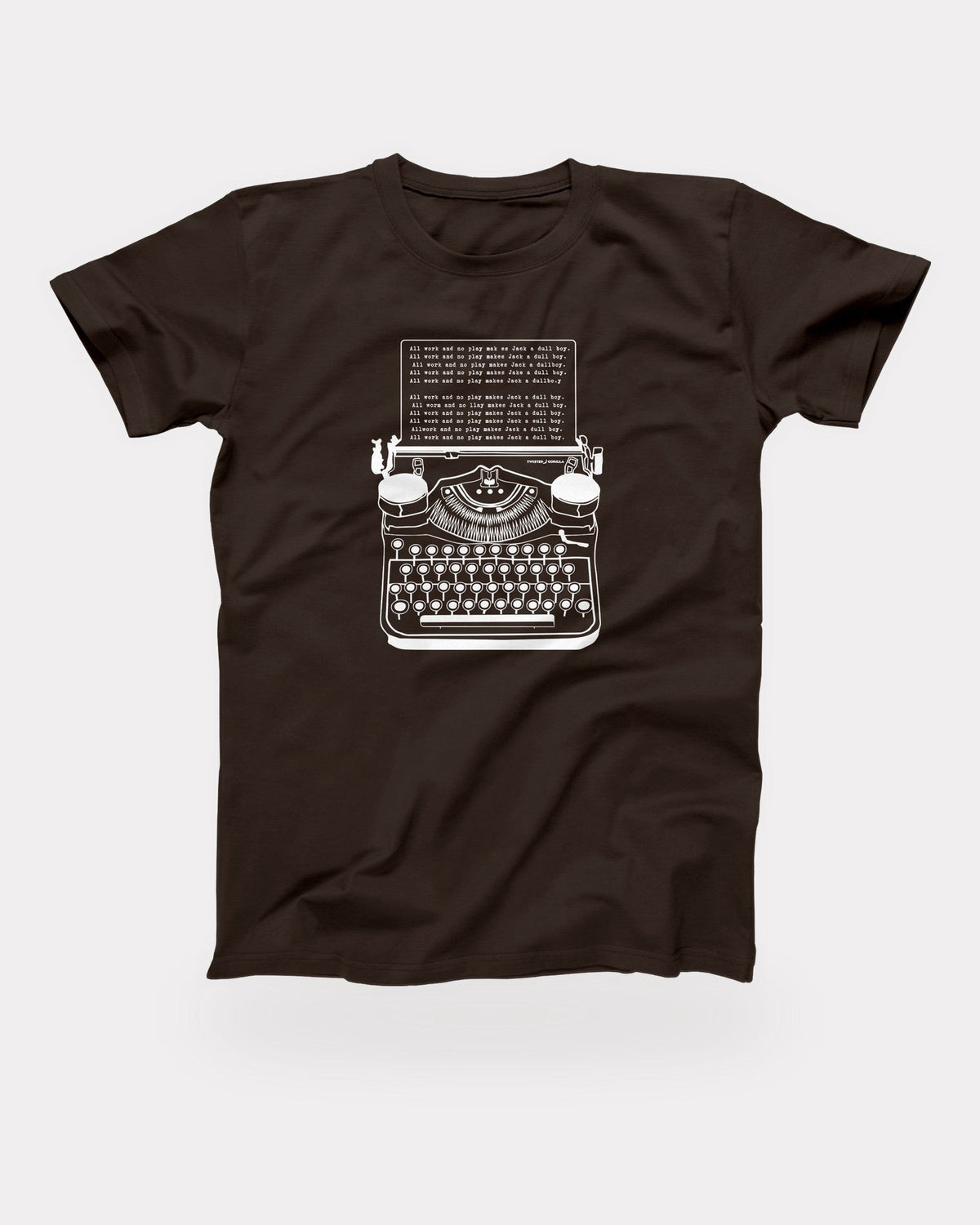 All Work and No Play T-Shirt in Brown, flat lay on grey