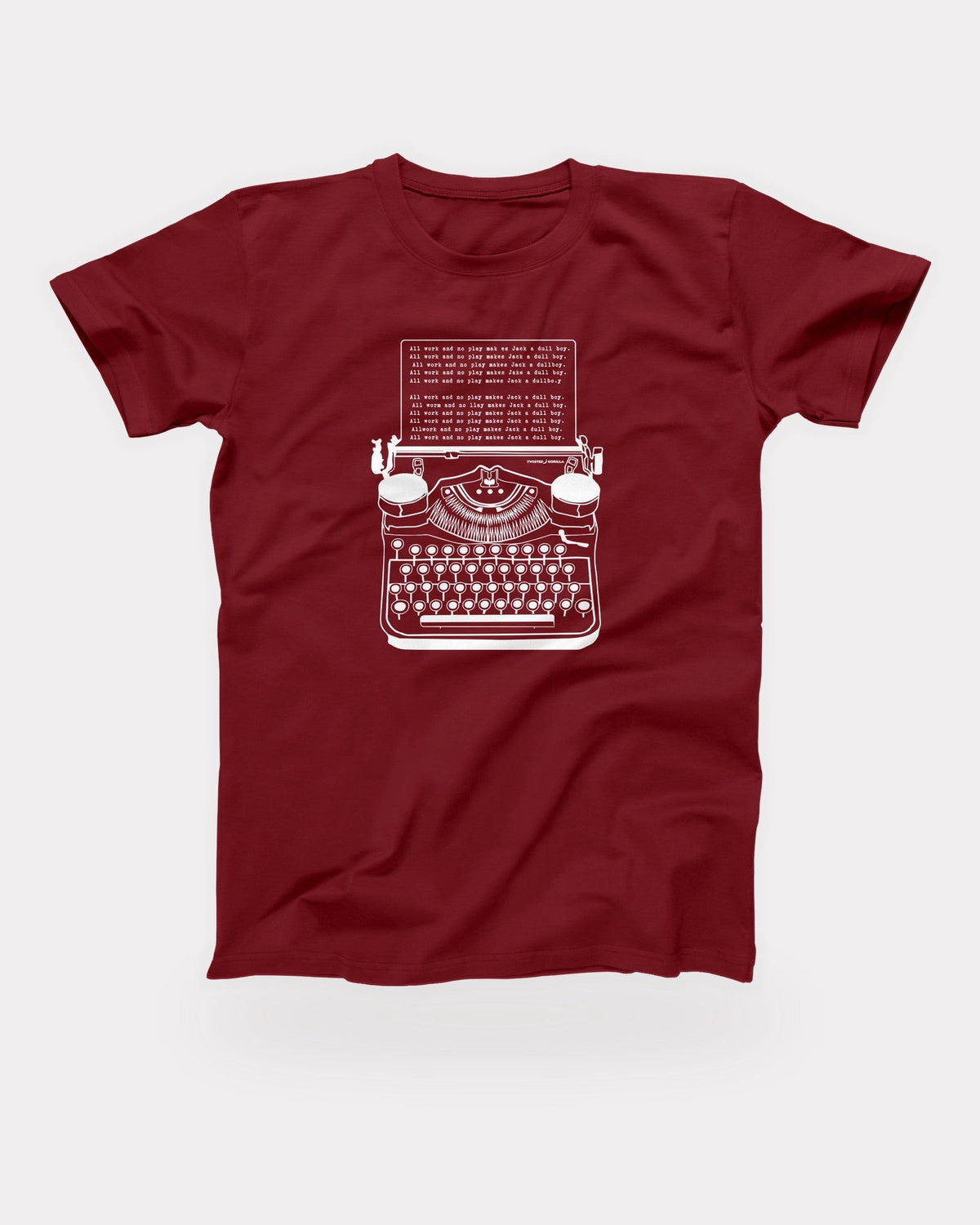 All Work and No Play T-Shirt in Cardinal, flat lay on grey