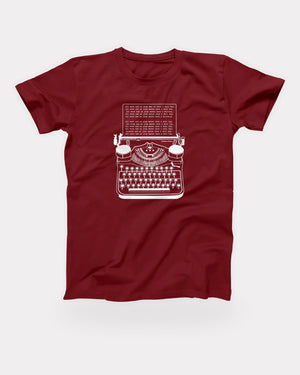 All Work and No Play T-Shirt in Cardinal, flat lay on grey