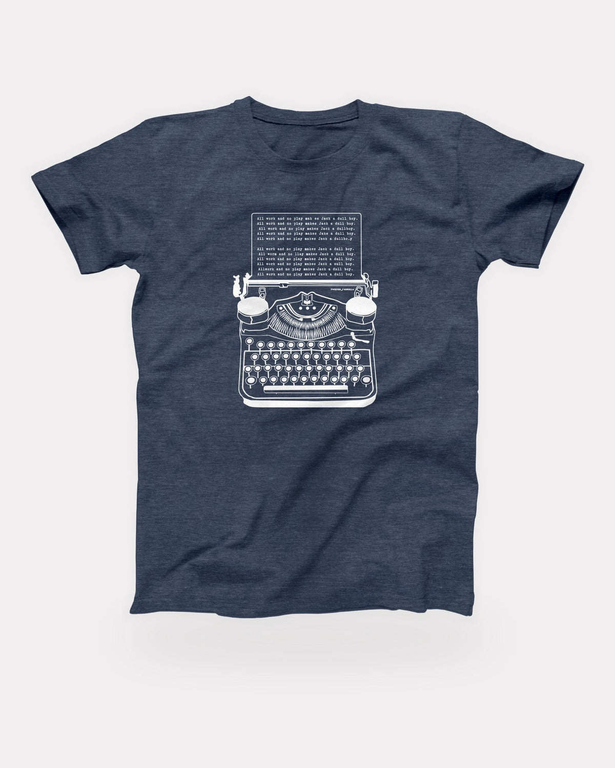 All Work and No Play T-Shirt in Heather Navy, flat lay on grey