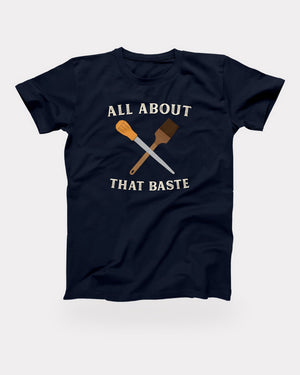 All About That Baste T-Shirt in Navy, flat lay on grey