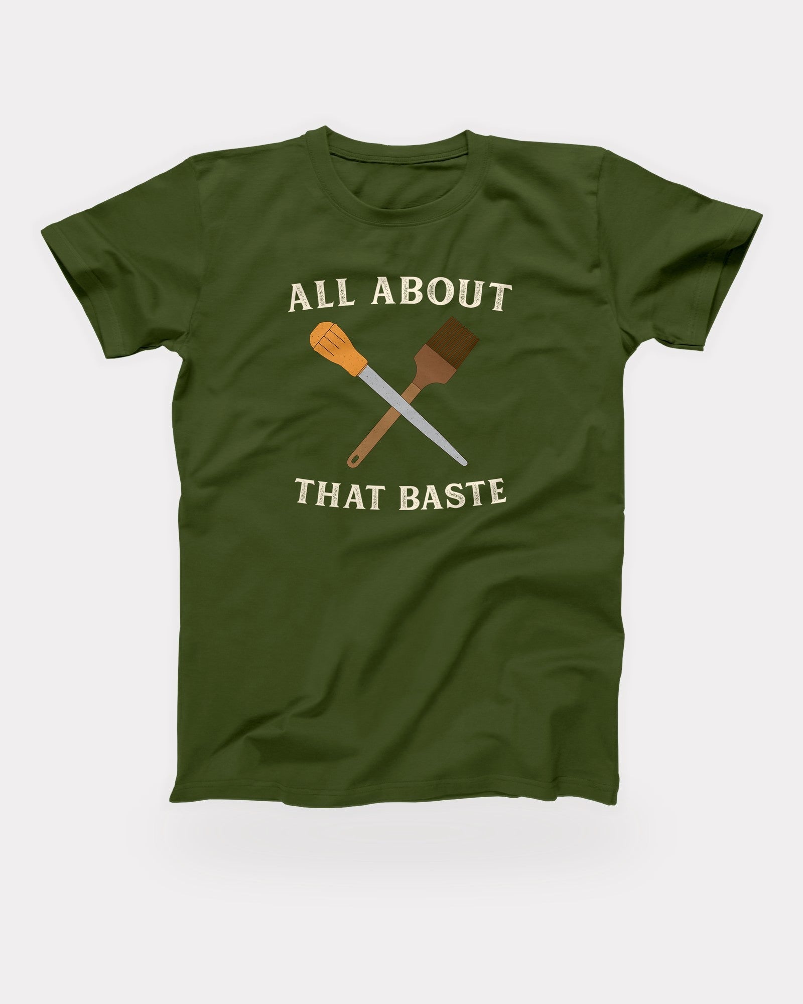 All About That Baste T-Shirt in Olive, flat lay on grey
