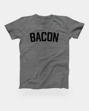 Bacon T-Shirt in Deep Heather, flat lay on grey