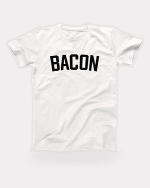 Bacon T-Shirt in White, flat lay on grey