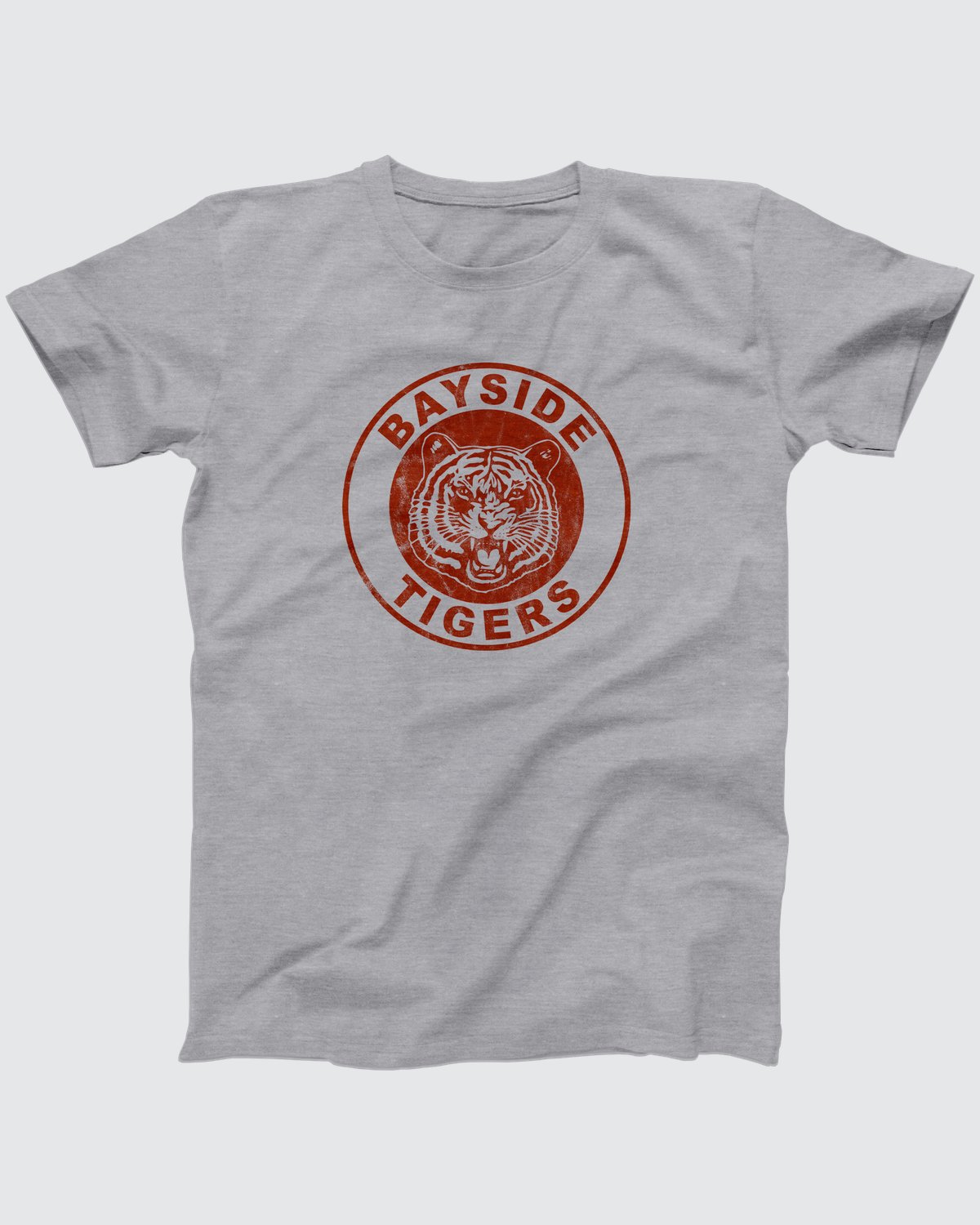 Bayside Tigers T-Shirt, flat lay on grey