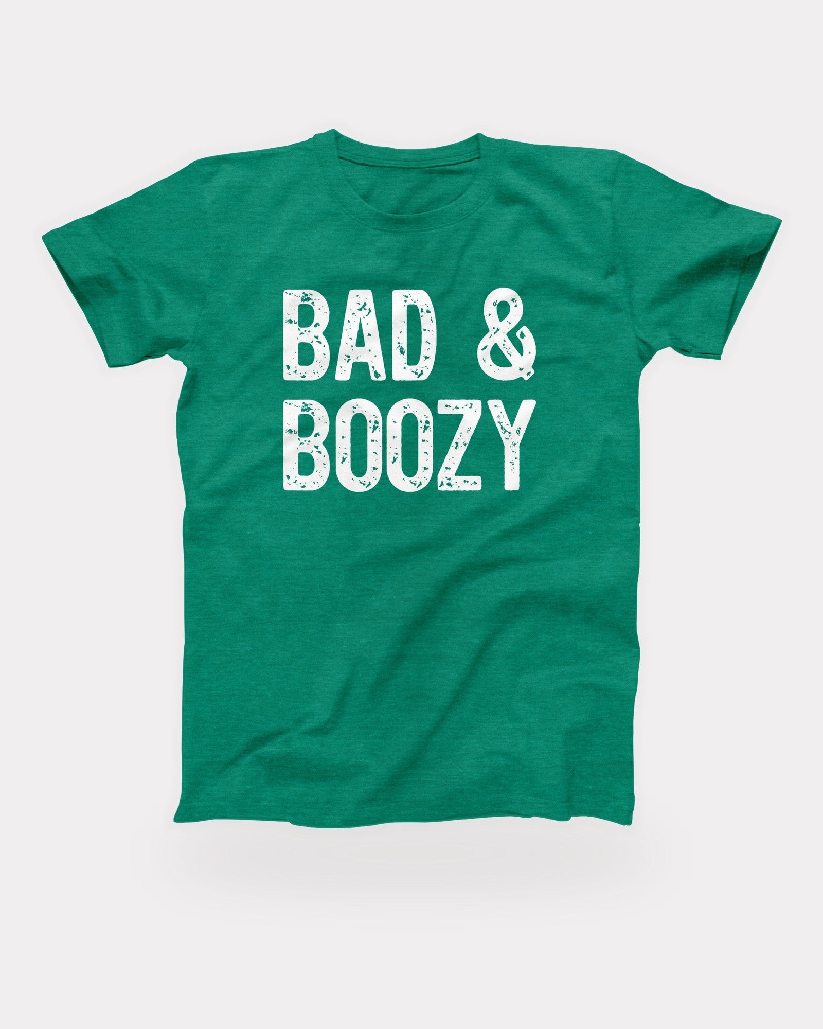 Bad & Boozy T-Shirt in Heather Kelly, flat lay on grey
