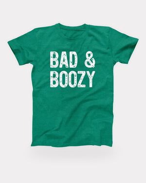 Bad & Boozy T-Shirt in Heather Kelly, flat lay on grey