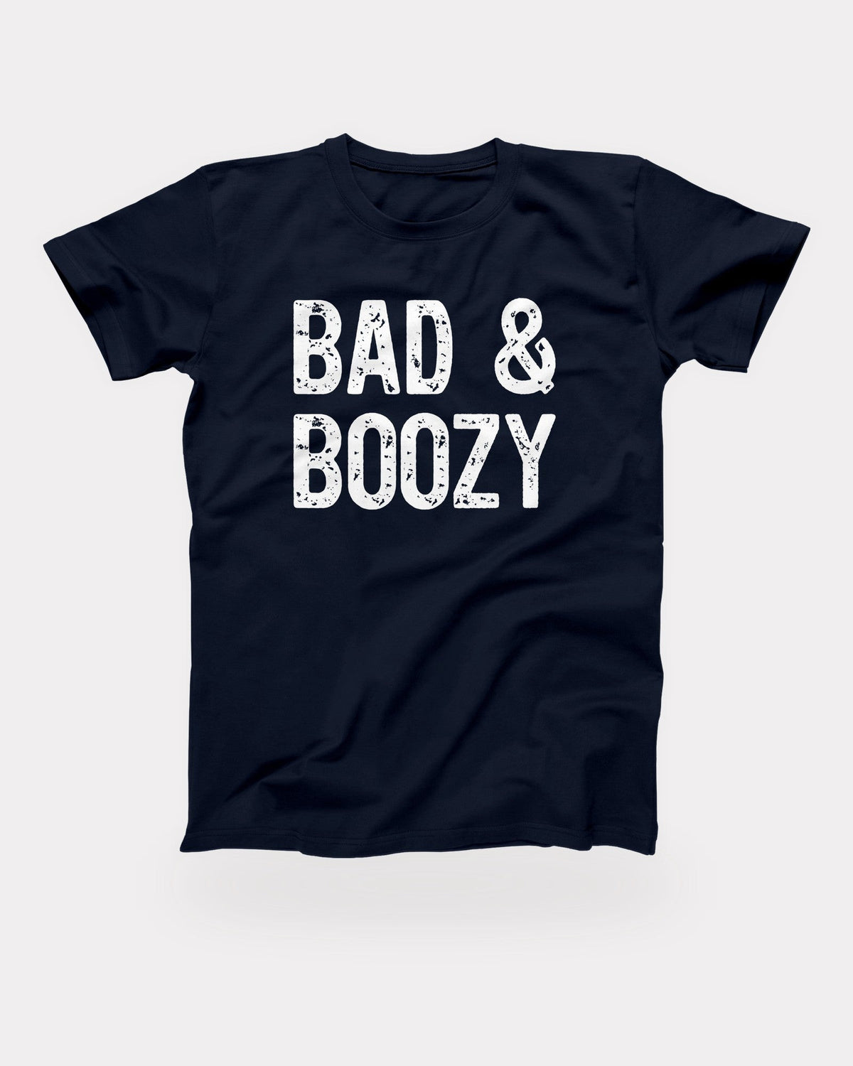 Bad & Boozy T-Shirt in Navy, flat lay on grey