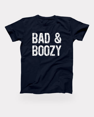Bad & Boozy T-Shirt in Navy, flat lay on grey