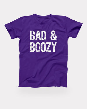 Bad & Boozy T-Shirt in Team Purple, flat lay on grey