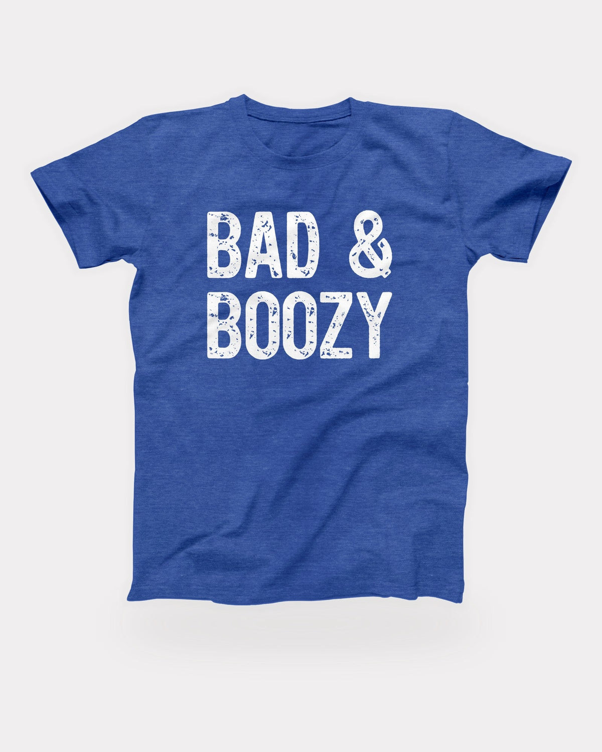 Bad & Boozy T-Shirt in Heather True Royal, flat lay on grey