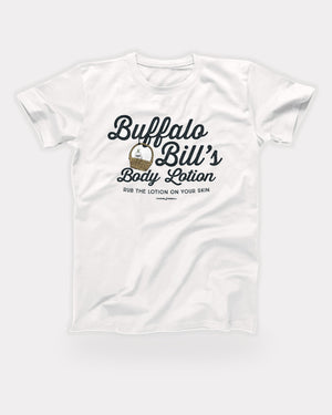 Buffalo Bill's Body Lotion T-Shirt in White, flat lay on grey