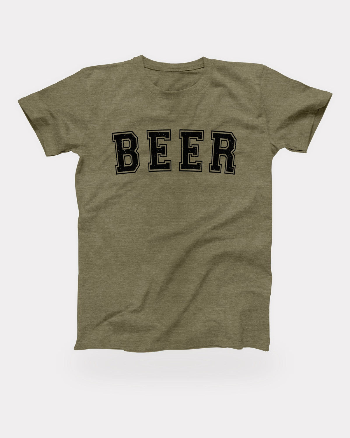 Beer T-Shirt in Heather Olive, flat lay on grey