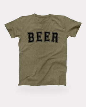 Beer T-Shirt in Heather Olive, flat lay on grey