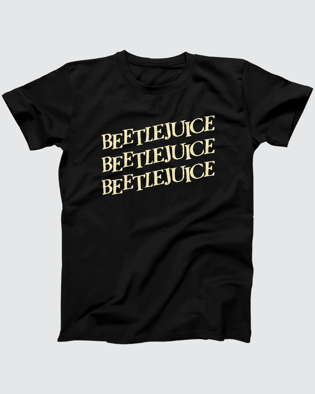 Beetlejuice T-Shirt, flat lay on grey